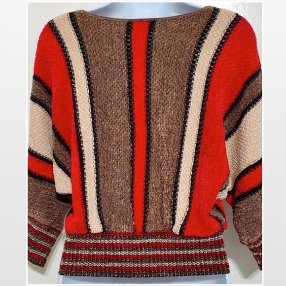 Vintage 80’s Vivanti Sweater Womens Small Knit Striped Batwing Red Brown White - Picture 9 of 15